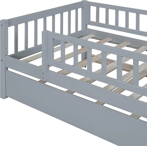 Vista 8 de Cama de plataforma para niños de tamaño individual con valla de seguridad con nido, plataforma multifuncional de madera maciza, marco de cama