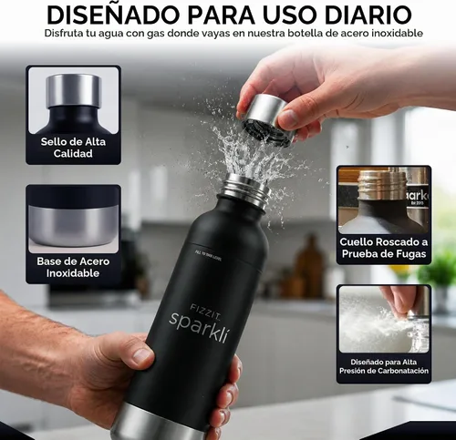Vista 3 de FIZZIT Botella de Carbonatación de Acero Inoxidable Negro Compatible con Algunos Fabricantes de Soda Botella de Agua con Gas Reutilizable, Apta