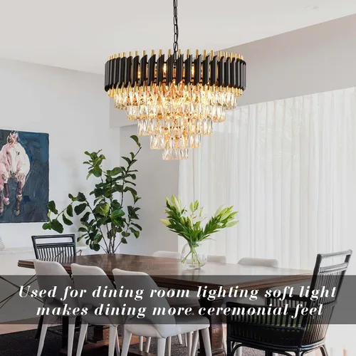 Vista 8 de Candelabro de cristal moderno dorado de 5 niveles para sala de estar, lámpara de araña grande de cristal negro, lámpara colgante de techo
