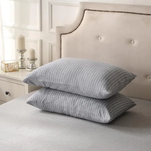 Vista 27 de PURE ERA Fundas de almohada de punto jersey 100% algodón tipo camiseta, súper suaves, cómodas, transpirables, juego de 2, estándar 20" x 26", rayas