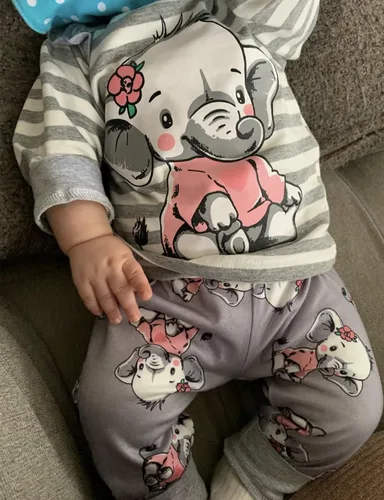 Vista 2 de Conjunto de ropa de bebé niña 2 piezas de manga larga con patrón de dibujos animados trajes infantiles Gris