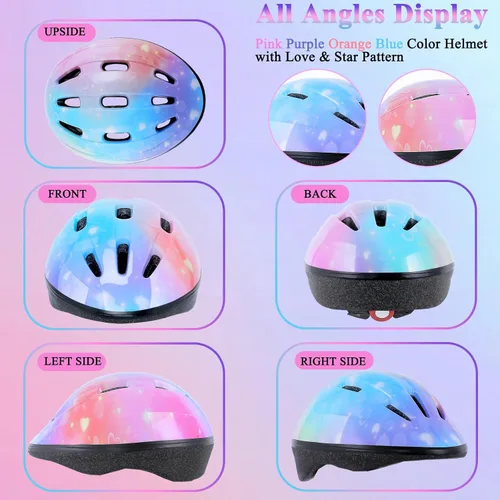 Vista 2 de Casco de bicicleta para niños de 3 a 8 años, casco ajustable para niños y niñas, casco ajustable con rodilleras, coderas, muñequeras