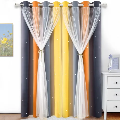 Vista 14 de Cortinas Opacas con Corte de Estrella Arcoíris para Dormitorio de Niñas - Doble Capa con Ojales Superiores para Sala de Estar, 2 Paneles