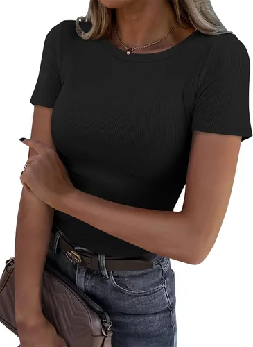 Vista 17 de Roselux - Camiseta ajustada de manga corta con cuello redondo de canalé, camiseta básica de punto. Beige