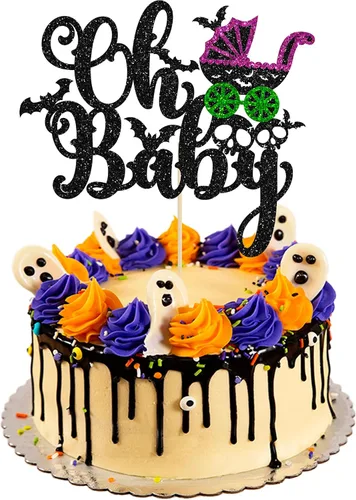 Vista 14 de 1 pieza de decoración de pastel de cumpleaños asesino ensamblada con purpurina de terror clásico de Halloween para tema de terror sangriento Negro