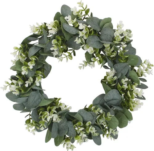 Vista 6 de Realdo - Corona de eucalipto artificial, hojas verdes con algodón para decoración de festividades, ideal para la puerta frontal, ventana