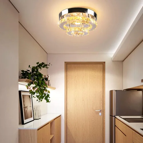 Vista 3 de Mini candelabro LED de cristal para techo, 2 capas, lámpara de techo empotrada, moderna iluminación para pasillo, escalera, cocina, baño
