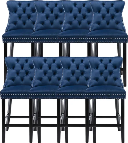 Vista 19 de Taburetes de bar tapizados de terciopelo modernos de 27 pulgadas con patas de madera, botón con cabeza de clavo cromada, taburetes de bar con Beige