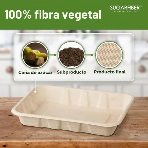 Vista 3 de 100 unidades Harvest Pack 22 oz Bandejas de comida compostables, 21.56 cm x 16.38 cm x 3.3 cm Contenedor de comida desechable LIBRE de PFAS, platos