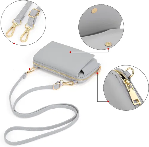 Vista 4 de UTO Cartera RFID para mujer, bolso cruzado para teléfono celular para mujer, tarjetero de viaje de moda, cartera de mano con 2 correas, 1266 Gris