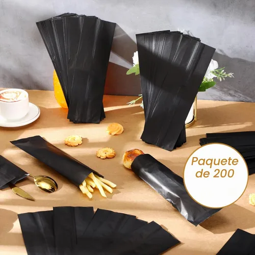 Vista 5 de Zhehao 200 bolsas de papel kraft, bolsas de churro, fundas de grasa para utensilios resistentes, cubiertos, galletas, panadería, dulces (negro)