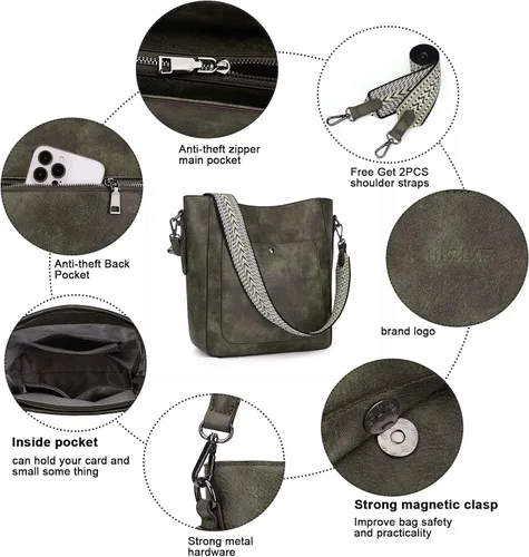 Vista 7 de HKCLUF Bolsos cruzados para mujer, de gran capacidad, con 2 correas de guitarra, de cuero, para mujer