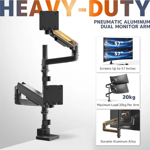 Vista 2 de Brazo de monitor doble resistente para pantallas de 17 a 57 pulgadas - Soporte vertical para monitor doble de 23.8 pulgadas de alto, soporte de Negro