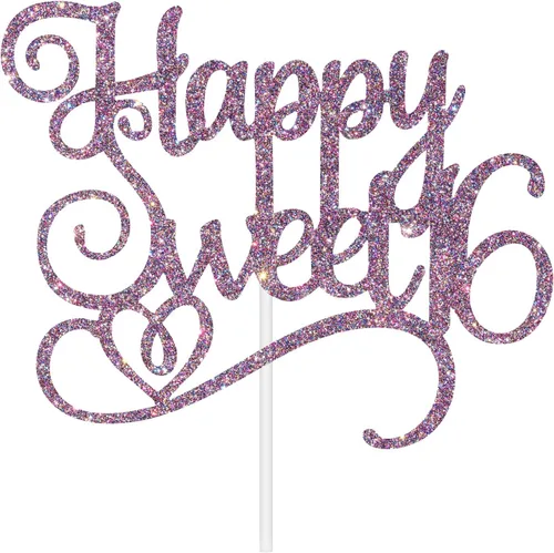 Vista 7 de Happy Sweet 16 - Decoración para tartas de cumpleaños de 16 años, decoraciones de feliz cumpleaños de 16 años para niñas y niños, purpurina morada