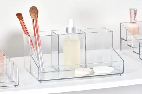 Vista 2 de iDesign Organizador de cosméticos, 4 secciones Para encimera, almacenamiento de tocador, para el cuidado de la piel, cepillos, lápices labiales