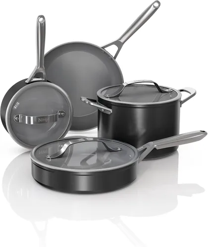 Vista 14 de Juego de ollas y sartenes Ninja antiadherentes Juego de utensilios de cocina de cerámica premium de vida extendida 9 piezas antiadherentes Gris