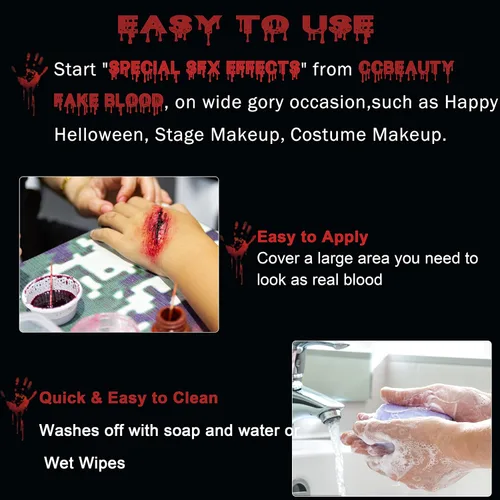 Vista 5 de CCBeauty Sangre falsa lavable, maquillaje de sangre para chorro, sangre líquida comestible realista segura para ropa, disfraz de Halloween, teatro