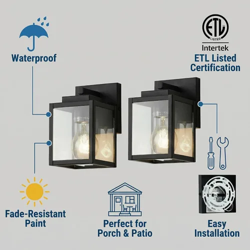 Vista 3 de mirrea Aplique de pared clásico de 7 pulgadas para exteriores, 1 luz en negro mate, marco de metal rectangular y pantalla de vidrio transparente