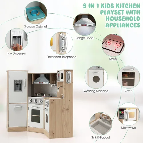 Vista 4 de Costzon Juego de cocina para niños, cocina de juego de simulación de madera 9 en 1 con luz y sonido realistas, máquina de hielo, lavadora
