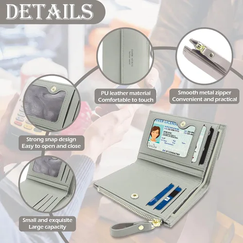 Vista 7 de Huakaile Billetera de cuero plegable con bloqueo RFID para mujer, mini monedero con bolsillo para monedas, con hebilla de cremallera, tarjetero