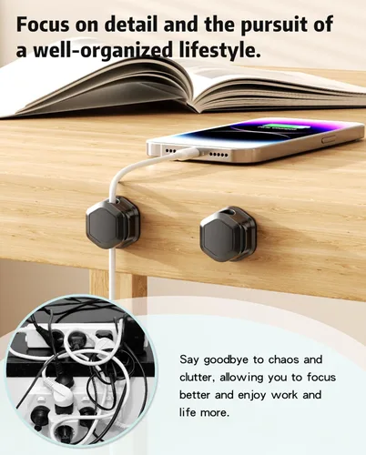 Vista 5 de 6 Pack de clips magnéticos para cables [Cable liso ajustable] Organizador de cables - Cuworlis soporte adhesivo para cables, soporte para cables