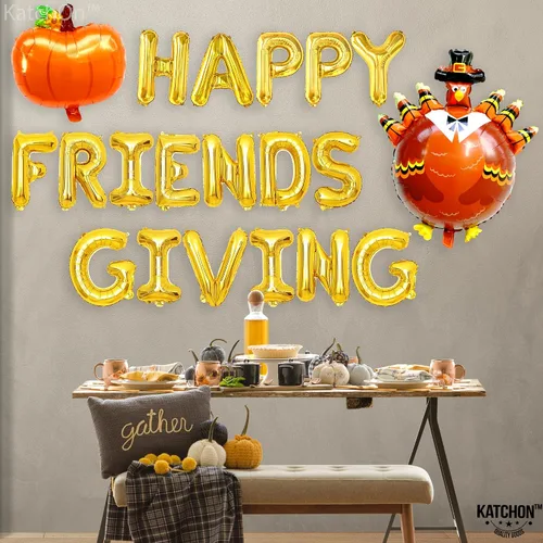 Vista 4 de KatchOn Juego de globos y pancartas de Happy Friendsgiving – Grande de 16 pulgadas, paquete de 3 Globos de pavo y calabaza Cartel de regalo