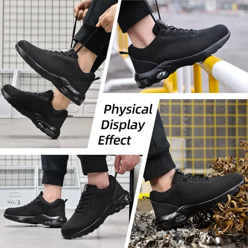 Vista 6 de GLANOUDUN Zapatos de punta de acero para hombre, zapatos de trabajo negros, zapatos de seguridad ligeros para hombres, zapatos de seguridad