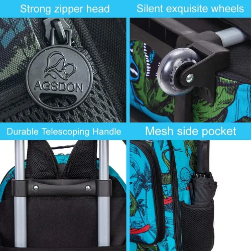 Vista 6 de AGSDON Mochila con ruedas enrollables para niños, mochila escolar con ruedas y bolsa de almuerzo, dinosaurio