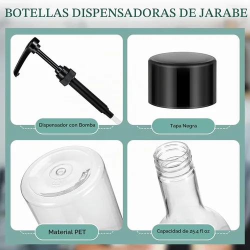 Vista 2 de Maxdot 2 piezas botellas de jarabe de 25 oz con bomba, botellas de cuello largo, dispensador de bomba de jarabe de plástico para accesorios de bar