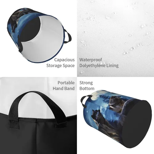 Vista 4 de Cesta circular con estampado de lobos, impermeable, cesta organizadora de lavandería, con asas, para ropa, juguetes, pequeña