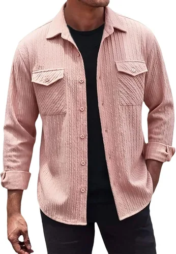 Vista 33 de Camisas con botones para hombre, casual, de manga larga, con cuello jacquard, texturizada, ligera, sobrecamisa, sobrecamisa