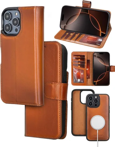 Vista 11 de Bayelon Funda tipo cartera para iPhone 15 Pro, cartera de cuero de grano completo, funda magnética desmontable, tarjetero, funda tipo cartera