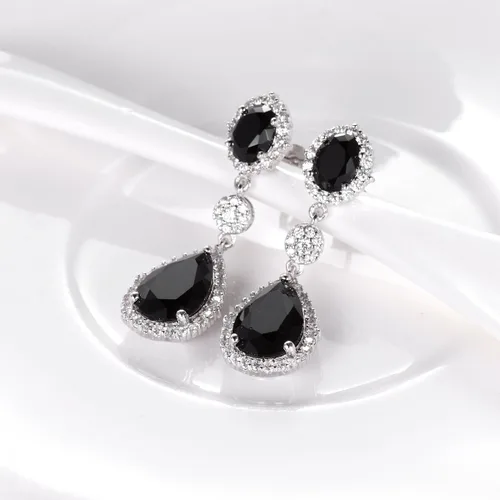 Vista 3 de SELOVO Pendientes colgantes con forma de lágrima en tono plateado para fiestas, Plata Circonita cúbica, Circonia cúbica