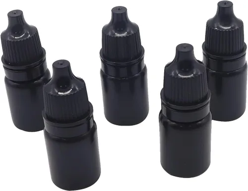 Vista 12 de Snadulor 60 botellas vacías de plástico negro con gotero exprimible de 0.2 fl oz con tapa protectora, botella de gotas para los ojos (tapa verde)