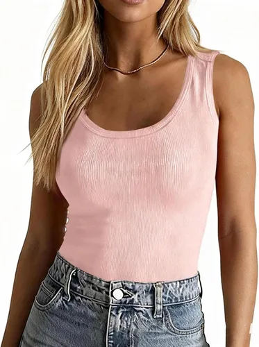 Vista 13 de Camisetas de verano para mujer 2026, básicas, cuello redondo, acanaladas, camisetas sin mangas, blusas casuales, capa base sólida