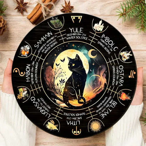 Vista 6 de Rueda del Año - Placa de madera de 30 cm, símbolos paganos de Sabbats, runas de brujas, tabla grabada en madera, vacaciones wiccanas, calendario