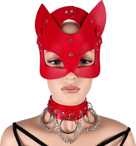 Vista 5 de Máscara de cuero para mujer, disfraz de gato sexual, máscara de media cara, máscara de animal para cosplay, fiesta de Halloween, mujeres y mujeres