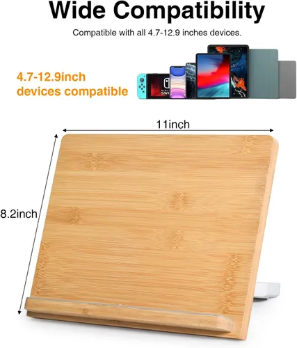 Vista 6 de wishacc Soporte de bambú para tablet de escritorio, soporte grande de madera de 11 x 8.2 pulgadas con ángulos ajustables, soporte de madera grueso
