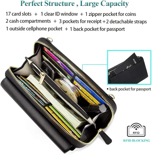 Vista 5 de Peacocktion Cartera para mujer con RFID, cartera cruzada de gran capacidad, 2 correas