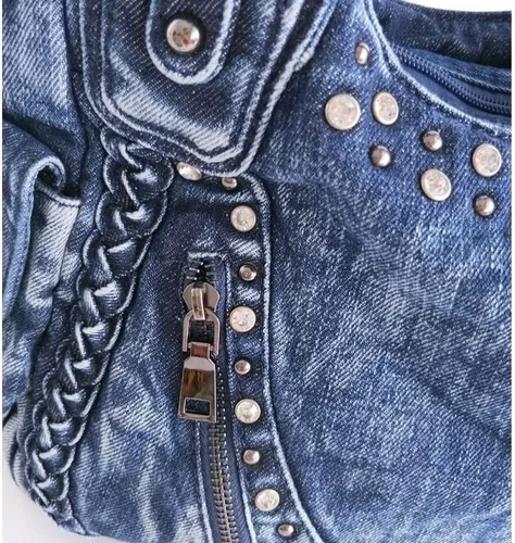 Vista 4 de Bolso Hobo de mezclilla para mujer, bolsos de mezclilla, bolso de hombro, remache tejido vintage, bolso de mano casual, bolso cruzado, Azul