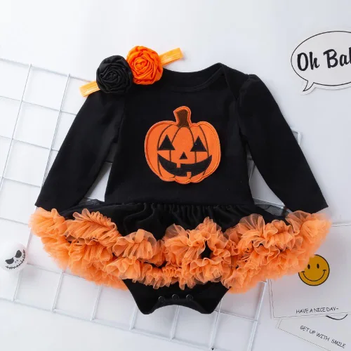 Vista 2 de HUAANIUE Disfraz de princesa para bebé, disfraz de calabaza con diadema, fiesta de cumpleaños de Halloween