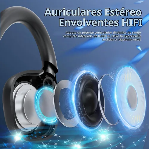 Vista 5 de vinamass Auriculares de oreja abierta, auriculares de conducción de aire Bluetooth 5.4, auriculares inalámbricos con cadena de baliza LED, tiempo