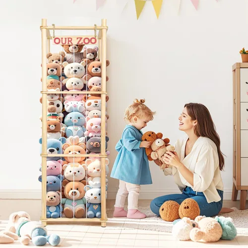 Vista 2 de Almacenamiento de Animales de Peluche - Organizador Alto de Juguetes de Madera de Pino Natural con Cuerdas Elásticas y Estante, Casa