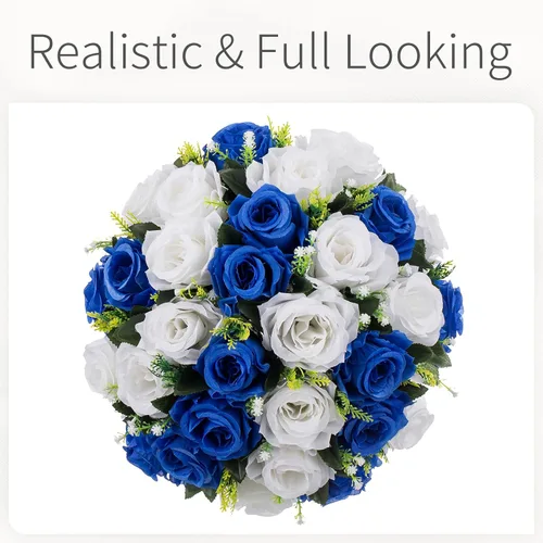Vista 5 de Bolas de flores para centros de mesa, rosas de boda, 2 bolas de rosas artificiales con base, bola de flores falsas azul real, bola de beso, floral