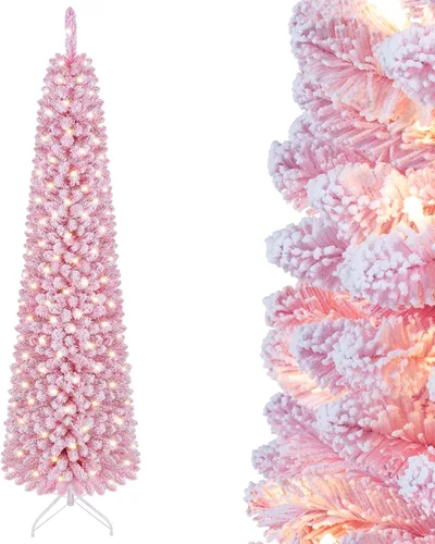 Vista 34 de GOFLAME Árbol de Navidad Artificial Preiluminado de 6 Pies, Árbol de Navidad Delgado con Cobertura de Nieve y Forma de Lápiz con Luces LED