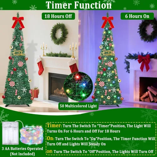 Vista 2 de [Temporizador] Árbol de Navidad desplegable de 6 pies, árbol de Navidad plegable verde con 50 luces coloridas, 16 caramelos, 10 bolas, 4 copos