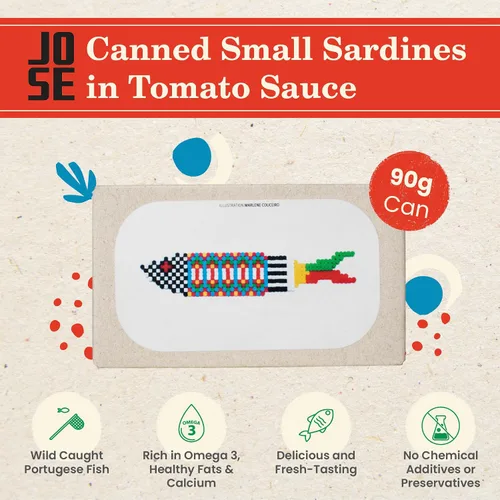 Vista 2 de Sardinas pequeñas enlatadas en salsa de tomate por Jose Gourmet, Sardinas portuguesas capturadas en la naturaleza, pescado enlatado en salsa