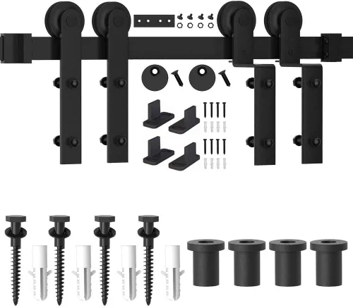 Vista 5 de WINSOON - Kit de herrajes para puerta corrediza de granero de 1.5 m, de un solo riel, para puertas dobles, techo bajo, fácil montaje, resistente, se