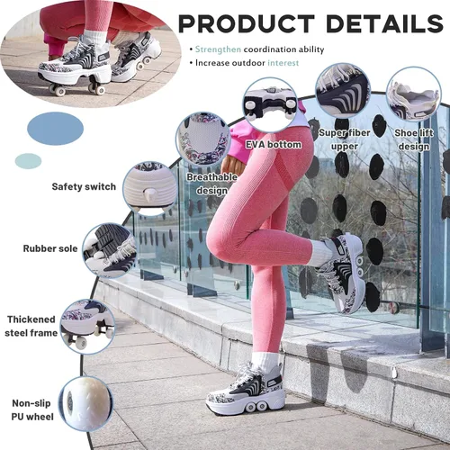 Vista 3 de Zapatos de patinaje para mujer, cuatro rondas, zapatos de patines de ruedas para niños que se convierten en patines de ruedas, zapatos ligeros al