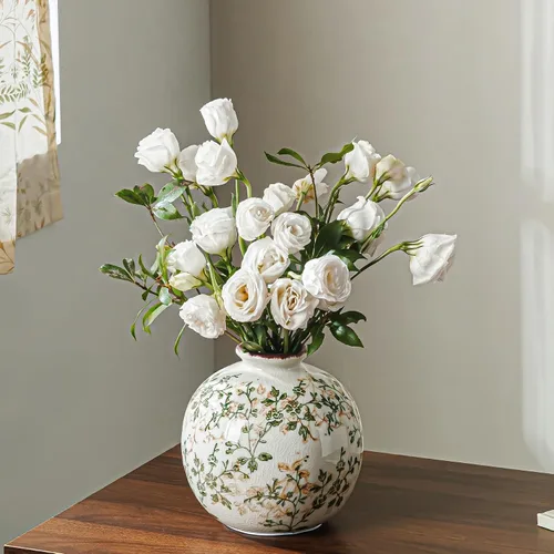 Vista 25 de Jarrón de cerámica verde y blanco con asa, florero rústico para decoración de hogar estilo “chinoiserie”, “grandmillenial” y toscano, jarrón